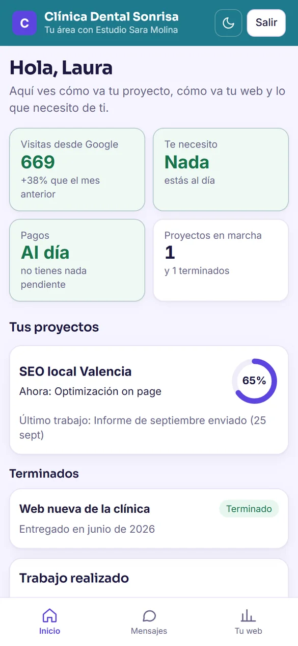 El portal del cliente en el móvil: visitas desde Google, pagos al día y cómo va su proyecto