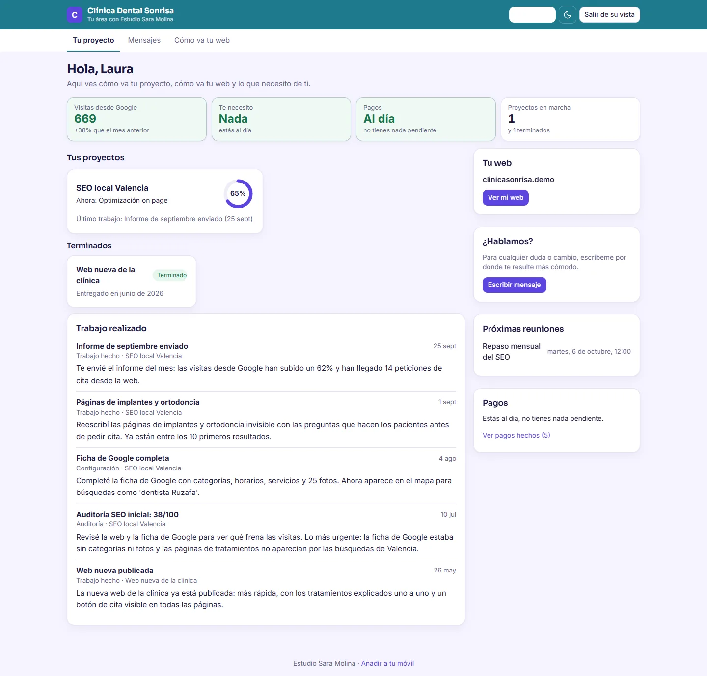 Portal del cliente: su proyecto, pagos y trabajo realizado